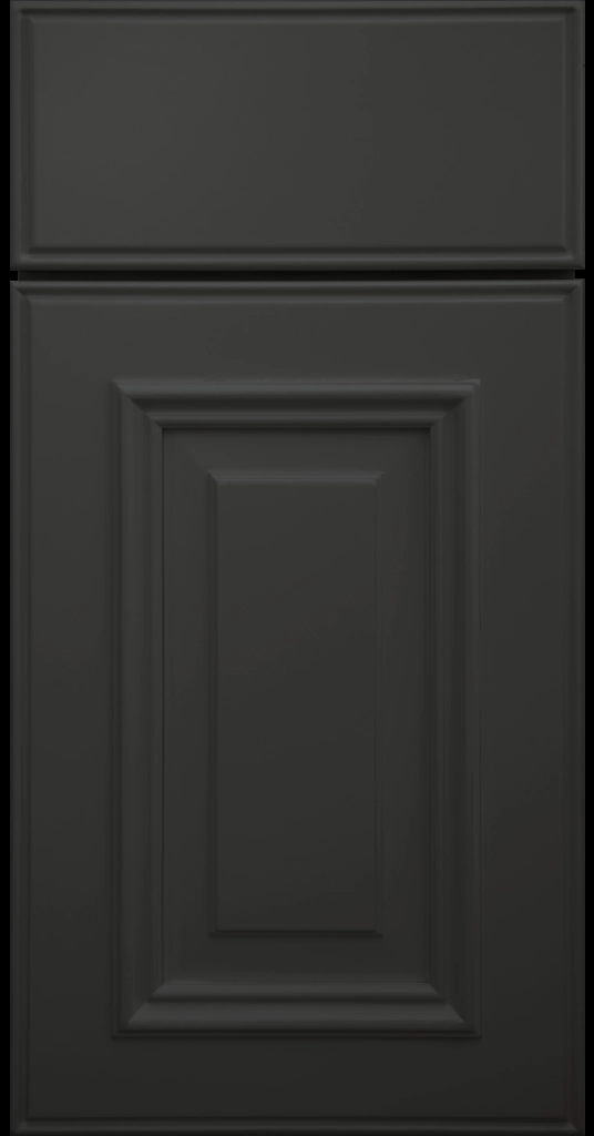Custom Midnight Sun color Anderson Raised Panel Kitchen Cabinet Door and matching Slab Drawer Front.